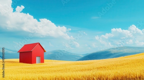 Windy day on a farm, silos and waving wheat, 3D illustration