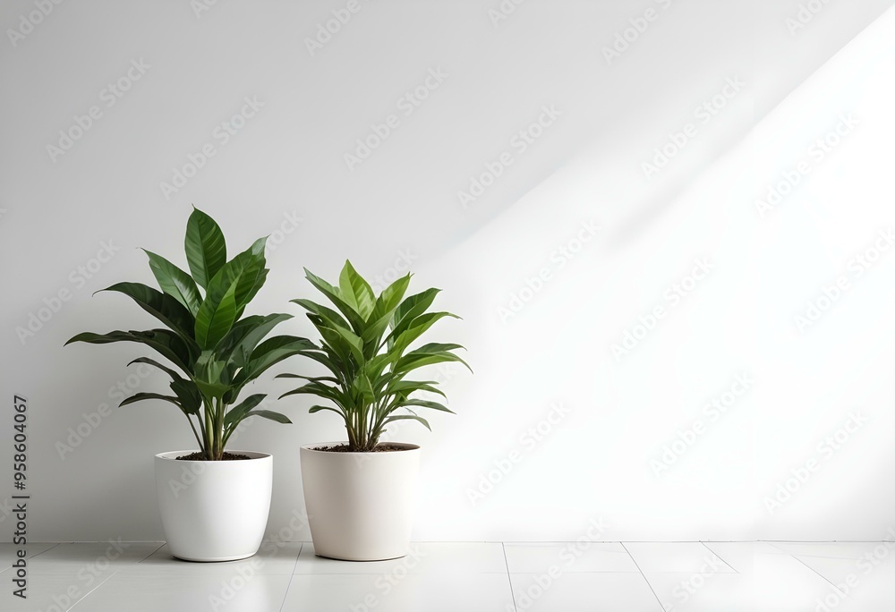 Two potted plants with green leaves on a white wall background.