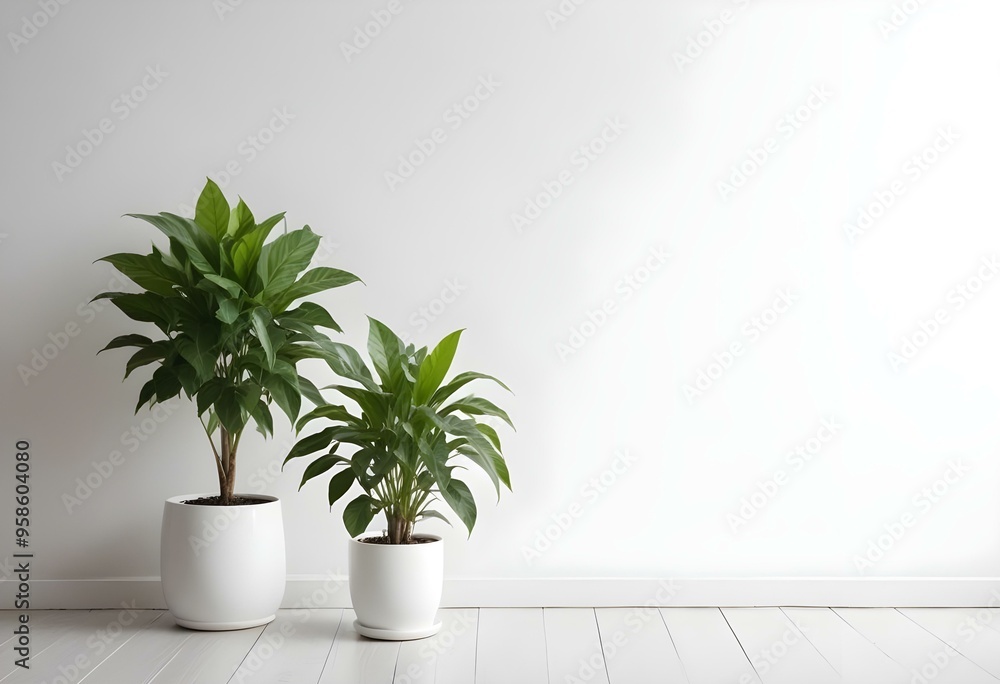 Two potted plants with green leaves on a white wall background. Two potted plants with green leaves on a white wall background.