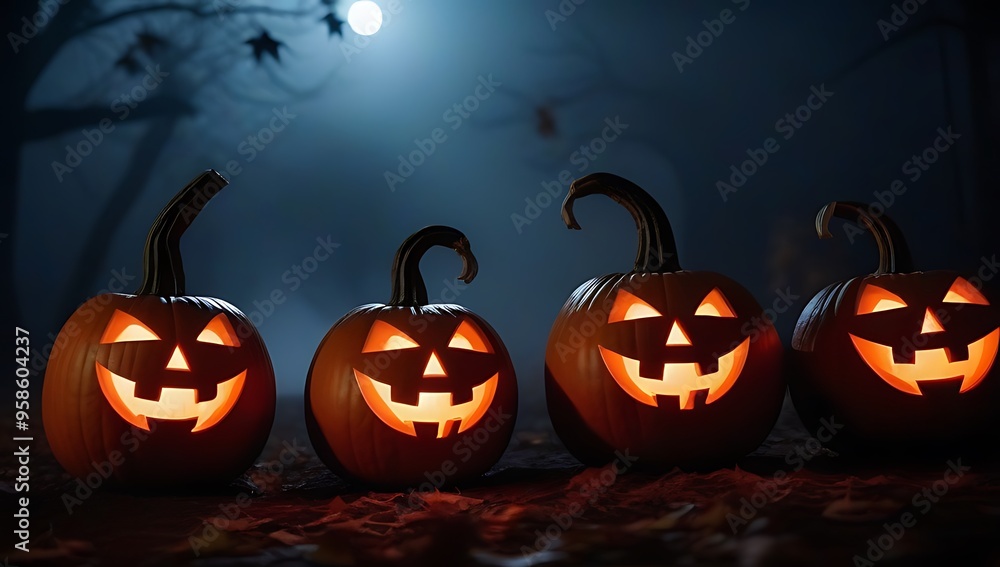 spooky orange pumpkins arranged row casting eerie shadows dark background wears witch hat mystical fog creeps along ground trick treat spooky orange pumpkins arranged row casting eerie shadows dark background wears witch hat mystical fog creeps along ground trick treat
