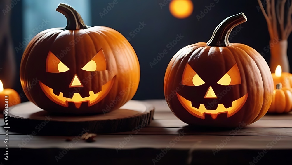 two pumpkins placed wooden table halloween food background two pumpkins placed wooden table halloween food background