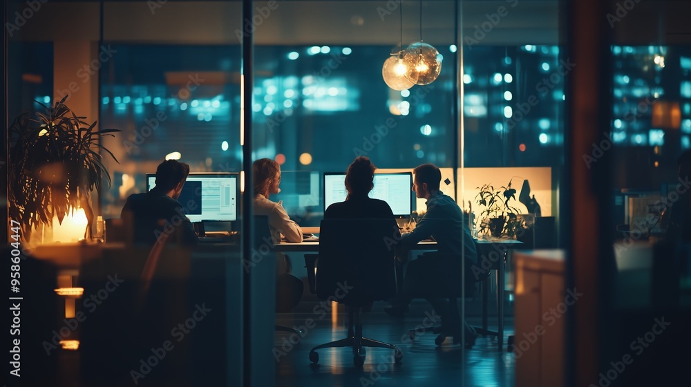 Team collaborating on a project in a modern office space during the evening with city lights visible through large windows Team collaborating on a project in a modern office space during the evening with city lights visible through large windows