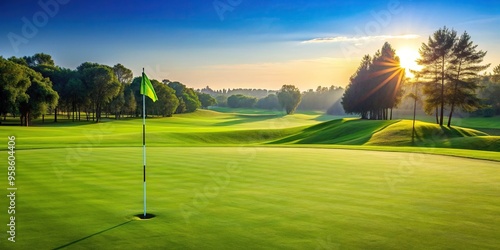 golf ball, golf course, flagstick, golf, nature, hole, recreation, competition, putt, summer, sport, grass, leisure, Putting green with a flagstick on a perfectly manicured golf course