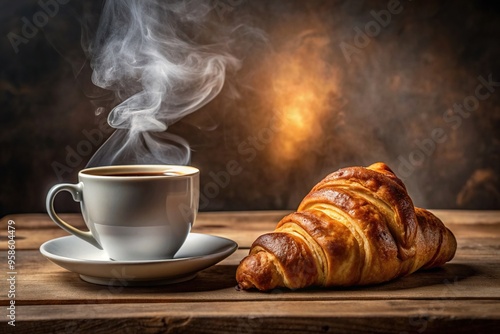 A deliciously flaky croissant sits beside a steaming cup of coffee creating an asymmetrical composition, delicious, coffee break, baked goods, warm beverage, coffee, bakery, light and flaky photo