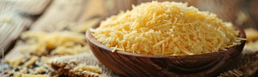 Wooden bowl filled with shredded cheese on a table, food background, banner, copy space Wooden bowl filled with shredded cheese on a table, food background, banner, copy space