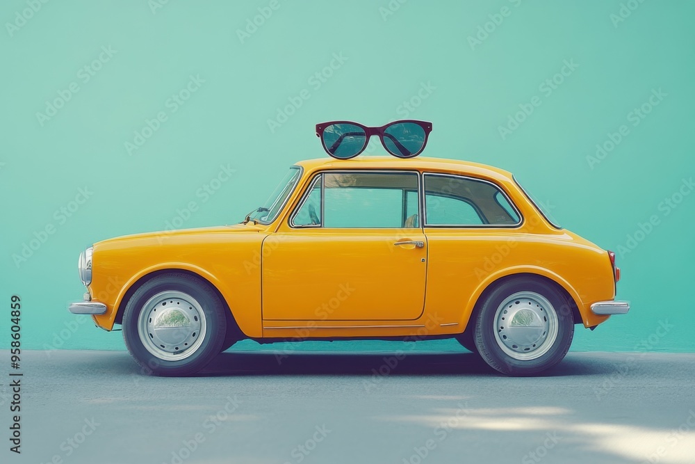 A cheerful yellow car showcases a giant pair of sunglasses atop its roof, perfectly complementing the pastel green backdrop for a vibrant summer aesthetic A cheerful yellow car showcases a giant pair of sunglasses atop its roof, perfectly complementing the pastel green backdrop for a vibrant summer aesthetic