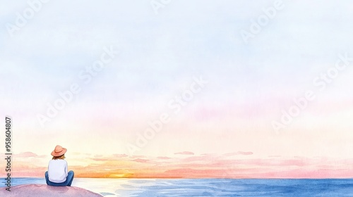 A serene watercolor illustration of a person watching a sunset over a calm ocean, reflecting tranquility and peaceful moments. watercolor style.