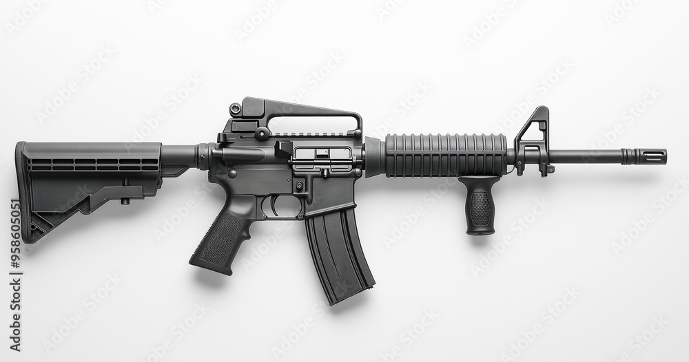 Assault rifle with a large magazine, on a white background, in a flat lay arrangement. Assault rifle with a large magazine, on a white background, in a flat lay arrangement.