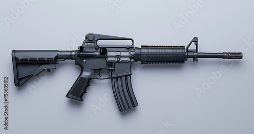 Assault rifle with a large magazine, on a white background, in a flat lay arrangement.