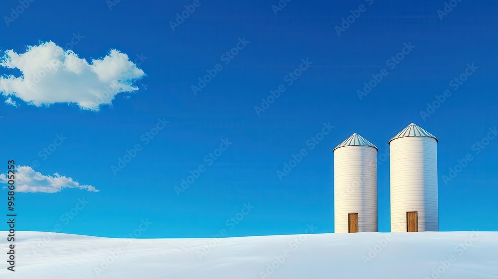 Large silos in a snowy field, winter farm scene, 3D illustration Large silos in a snowy field, winter farm scene, 3D illustration