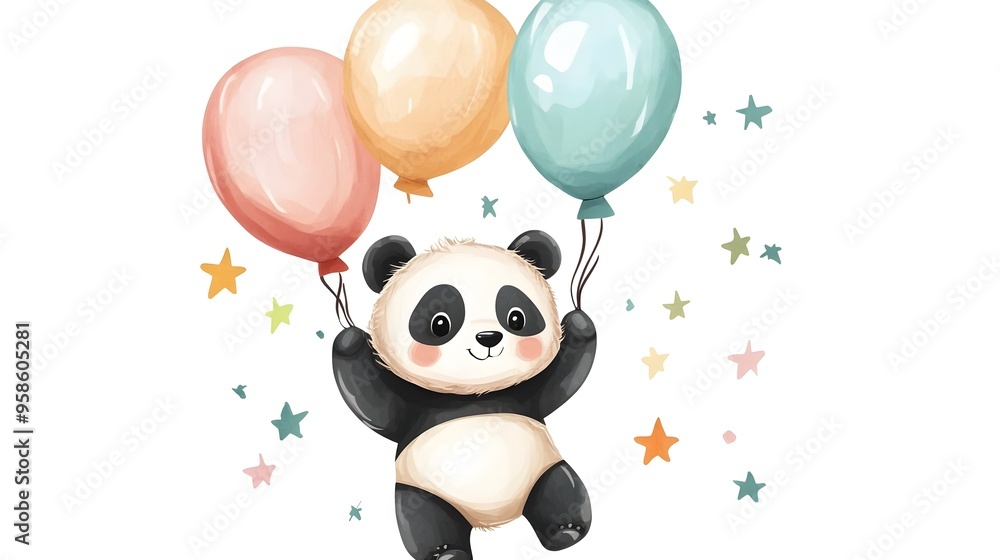 Naklejka premium Joyful Panda Holding Colorful Balloons for