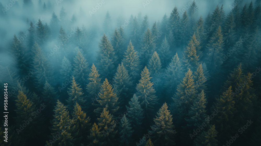 Aerial shot of an evergreen forest covered in mist, with the tops of the trees peeking through the fog Aerial shot of an evergreen forest covered in mist, with the tops of the trees peeking through the fog
