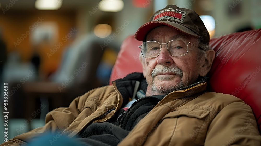 Portrait of an elderly man in a relaxed setting, wearing a cap and jacket, reflecting a life of experience and resilience. Ideal for themes of aging, character, and storytelling. Portrait of an elderly man in a relaxed setting, wearing a cap and jacket, reflecting a life of experience and resilience. Ideal for themes of aging, character, and storytelling.