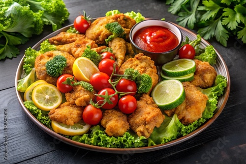 Fried chicken with tomato, broccoli, lemon and sauce