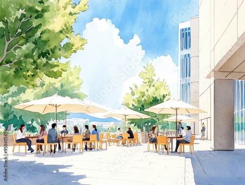 A sunny outdoor scene showcasing people enjoying a relaxed gathering under umbrellas near a modern building. watercolor style.