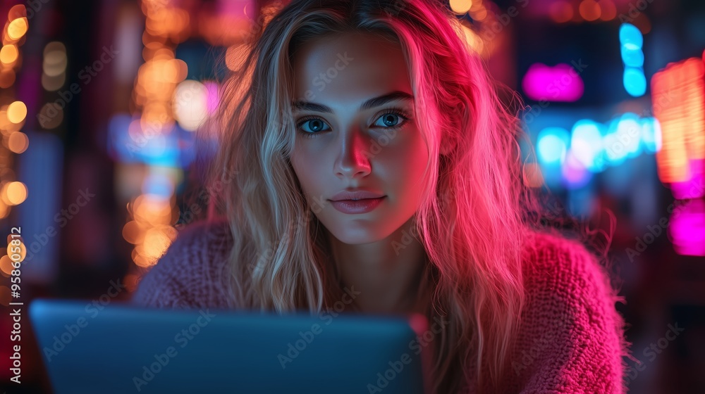 Young woman using a tablet in a vibrant, neon-lit cafe at night, surrounded by colorful lights and a cozy atmosphere Young woman using a tablet in a vibrant, neon-lit cafe at night, surrounded by colorful lights and a cozy atmosphere