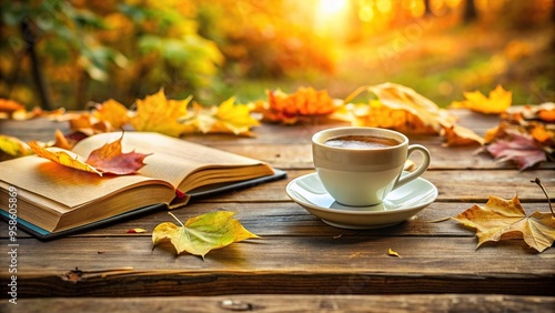 A beautiful composition of a cup of aromatic coffee placed on a weathered wooden table in a charming autumn garden surrounded by fallen leaves with a book opened next to it, autumn garden