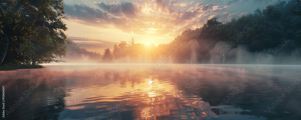 Tranquil lake at sunrise with mist rising from the water, 4K hyperrealistic photo Tranquil lake at sunrise with mist rising from the water, 4K hyperrealistic photo