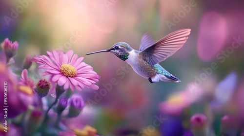 Hummingbird in Flight over Flowers