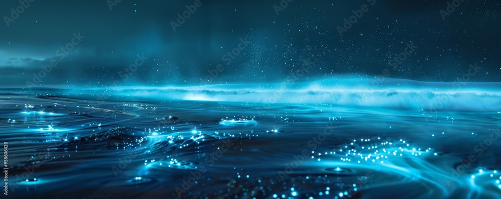 A mesmerizing display of bioluminescent plankton lighting up the ocean, 4K hyperrealistic photo A mesmerizing display of bioluminescent plankton lighting up the ocean, 4K hyperrealistic photo