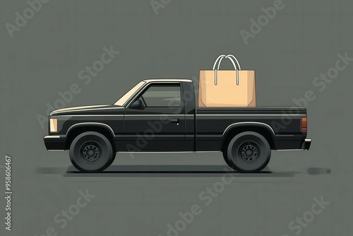 A playful black pickup truck transports a large shopping bag against a dark grey backdrop, embodying the joy of spontaneous shopping trips photo