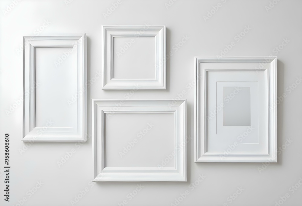 Three white picture frames on a white wall. Three white picture frames on a white wall.