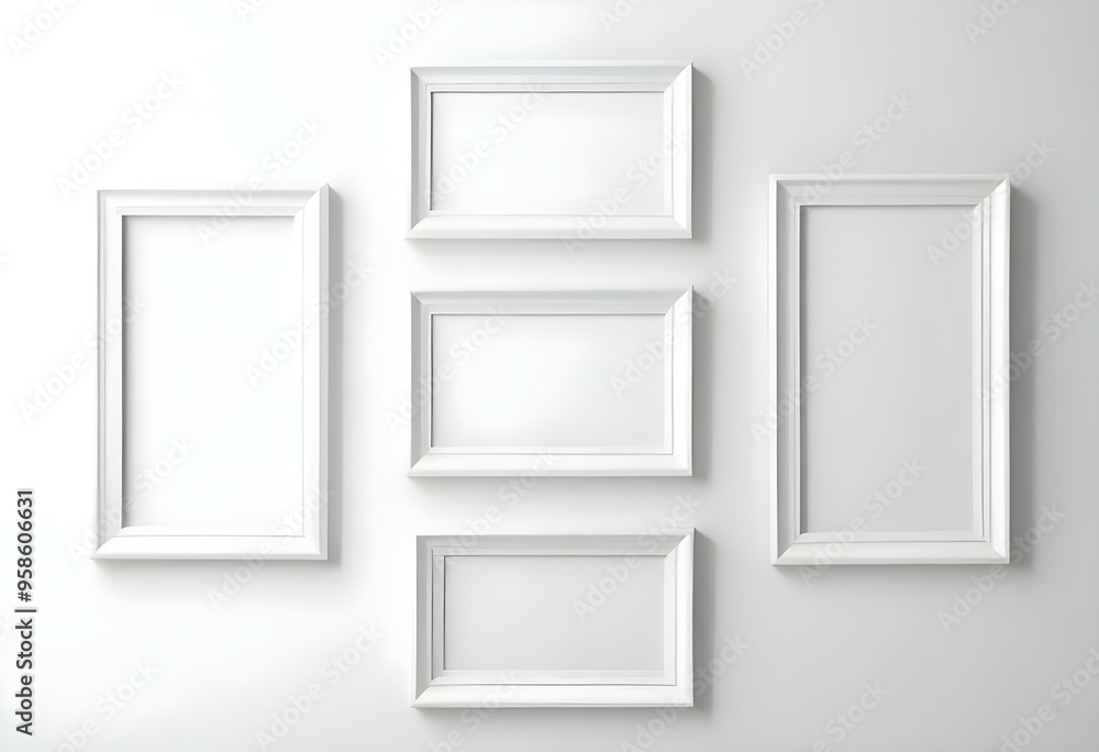Three white picture frames on a white wall. Three white picture frames on a white wall.