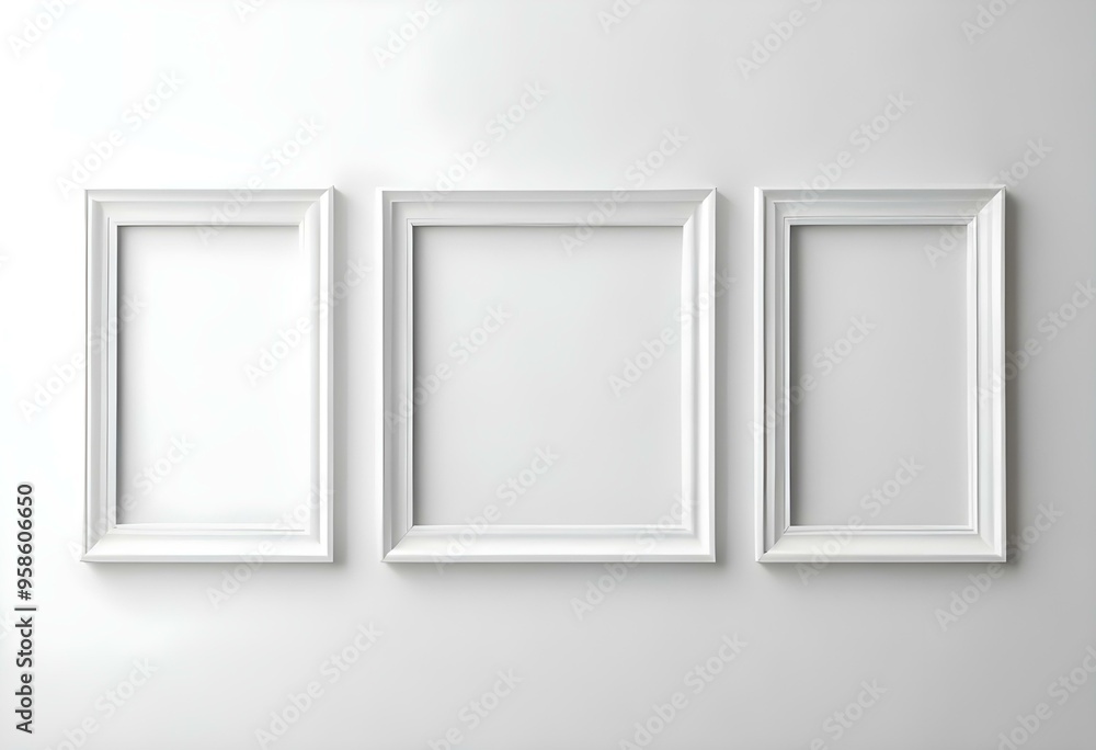 Three white picture frames on a white wall. Three white picture frames on a white wall.