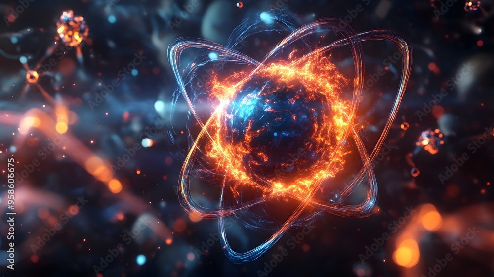 24. Sci-fi depiction of a toxic atom surrounded by energetic, toxic molecules 24. Sci-fi depiction of a toxic atom surrounded by energetic, toxic molecules