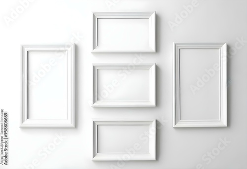 Three white picture frames on a white wall.