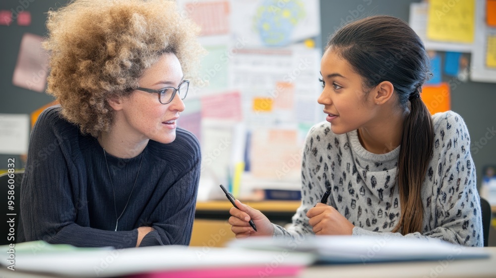 Student and teacher having a one-on-one discussion at a desk surrounded by educational charts and materials Student and teacher having a one-on-one discussion at a desk surrounded by educational charts and materials