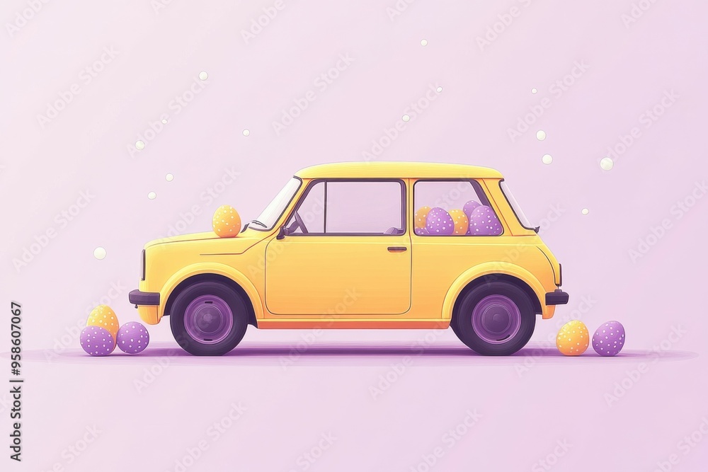 A cheerful yellow car is playfully topped with vibrant Easter eggs, set against a soft lilac backdrop, embodying the spirit of spring and holiday joy A cheerful yellow car is playfully topped with vibrant Easter eggs, set against a soft lilac backdrop, embodying the spirit of spring and holiday joy