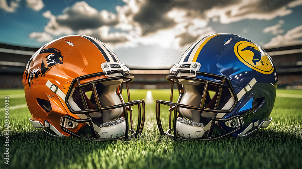 Helmets from rival American football teams, adorned with bold colors and logos, sit facing each other on a grassy field, symbolizing intense competition and rivalry. Helmets from rival American football teams, adorned with bold colors and logos, sit facing each other on a grassy field, symbolizing intense competition and rivalry.