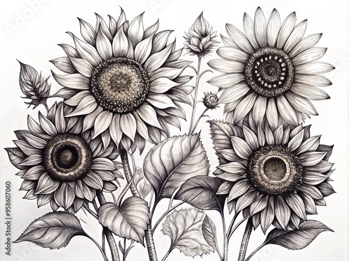 Delicate black ink illustrations of sunflowers in various stages of bloom, adorned with intricate lines and playful