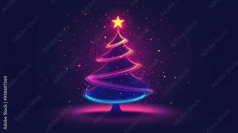 Flat vector illustration. A bright, neon Christmas tree shines with multicolored lights, creating a festive atmosphere, ideal for celebrating the holiday season in a cheerful manner. Flat vector illustration. A bright, neon Christmas tree shines with multicolored lights, creating a festive atmosphere, ideal for celebrating the holiday season in a cheerful manner.