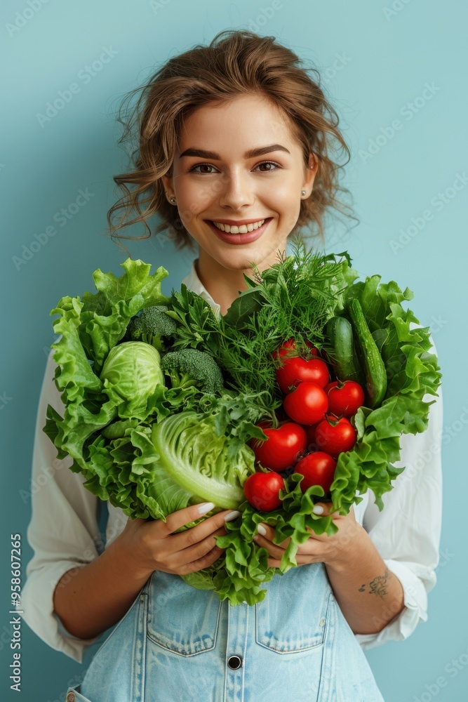 Smiling woman holding a large bunch of vegetables in her hands, nutritionist concept , food background, vertical background Smiling woman holding a large bunch of vegetables in her hands, nutritionist concept , food background, vertical background