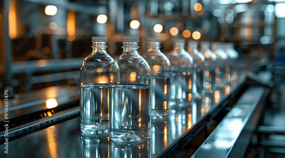 row of clear plastic water bottles on a conveyor belt in a bottling plant, symbolizing industrial production and manufacturing. Ideal for themes related to water supply, production processes row of clear plastic water bottles on a conveyor belt in a bottling plant, symbolizing industrial production and manufacturing. Ideal for themes related to water supply, production processes