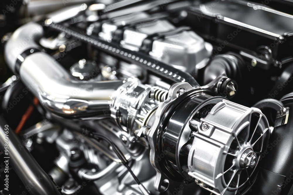 Close-up of a car engine with metallic components. Automotive and engineering concept. Close-up of a car engine with metallic components. Automotive and engineering concept.