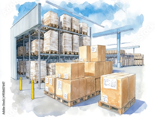 A vibrant illustration of a warehouse filled with stacked pallets and boxes, showcasing organized storage and logistics. watercolor style.