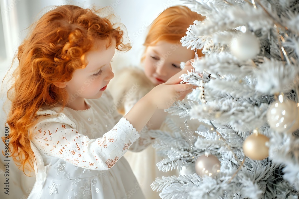 Two young girls with red hair decorating a white Christmas tree with delicate ornaments, capturing the joy and warmth of the holiday season. Ideal for family, holiday, and winter themes. Two young girls with red hair decorating a white Christmas tree with delicate ornaments, capturing the joy and warmth of the holiday season. Ideal for family, holiday, and winter themes.