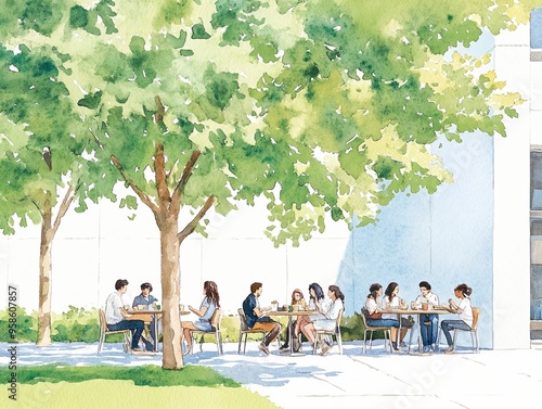 A vibrant outdoor scene with people enjoying a sunny day at tables under lush trees, engaging in conversation and study. watercolor style.