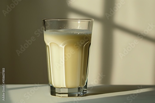 A glass of milk placed on a simple background, highlighting freshness and purity. Ideal for themes of nutrition, health, and wholesome food. photo