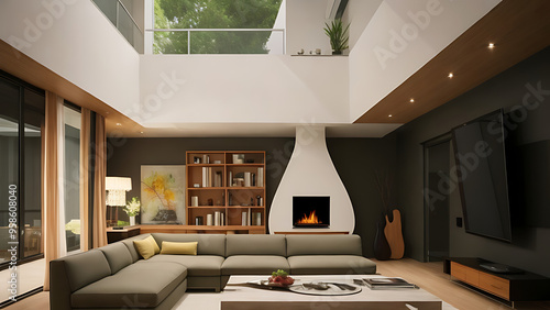 A modern living room features sleek lines, chic furnishings, minimal decor, and bright, elegant accents.