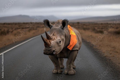 A rhino stands in the middle of a road, donning an orange safety vest with a natural countryside in the background, highlighting human-nature coexistence.