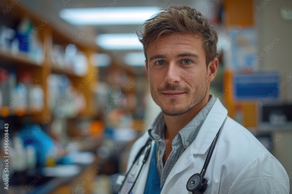 A young male doctor in a white coat with a stethoscope around his neck stands confidently in a medical laboratory with shelves of equipment and supplies behind him A young male doctor in a white coat with a stethoscope around his neck stands confidently in a medical laboratory with shelves of equipment and supplies behind him