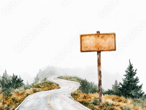 A winding road through scenic landscape, featuring a blank sign post, perfect for travel and adventure themes. watercolor style.