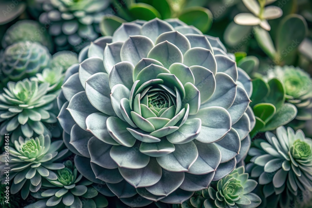 Delicate grey petals unfold from a subtle grey center, surrounded by lush green foliage, creating a calming and Delicate grey petals unfold from a subtle grey center, surrounded by lush green foliage, creating a calming and