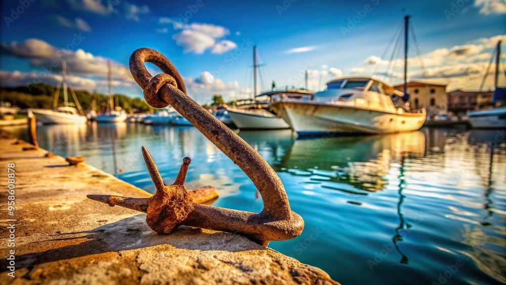 Fototapeta premium maritime, boating, boat, iron,rusty, metal, nautical, sea, docked, side, A close up shot of a rusty anchor attached to the side of a boat in a tranquil marina captured from a worm s eye view