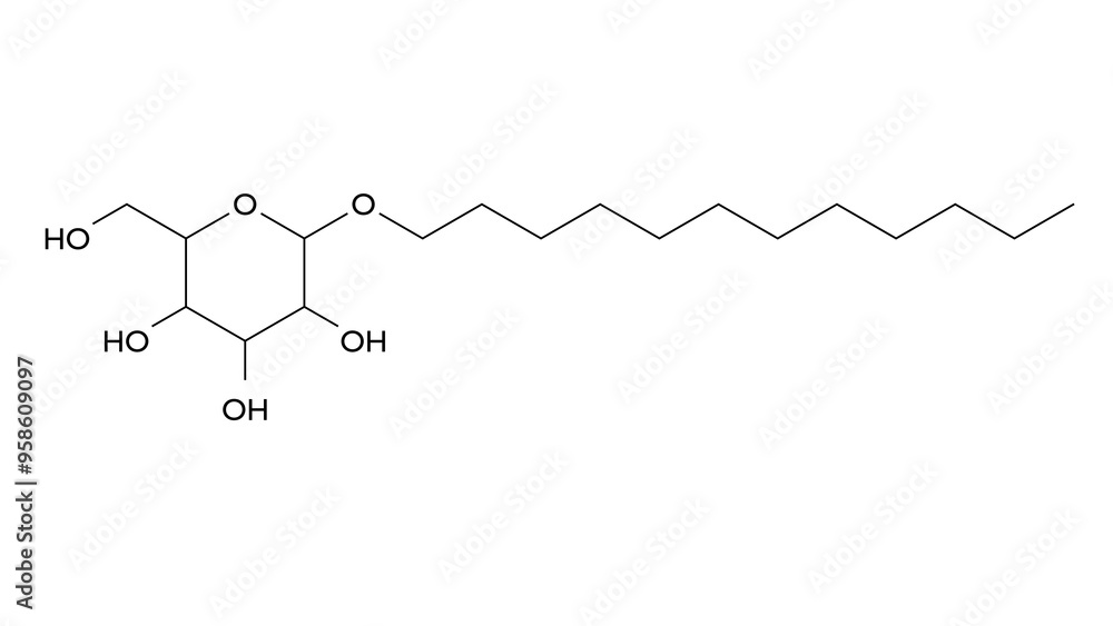 lauryl glucoside molecule, structural chemical formula, ball-and-stick model, isolated image surfactant lauryl glucoside molecule, structural chemical formula, ball-and-stick model, isolated image surfactant