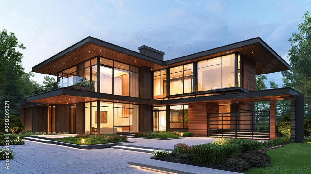 Modern house exterior showcasing sleek design, large windows, and beautiful landscaping in a tranquil setting. Modern house exterior showcasing sleek design, large windows, and beautiful landscaping in a tranquil setting.